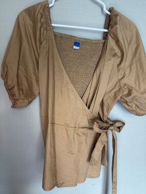 Old Navy Light Brown Wrap Top with Puff Sleeves